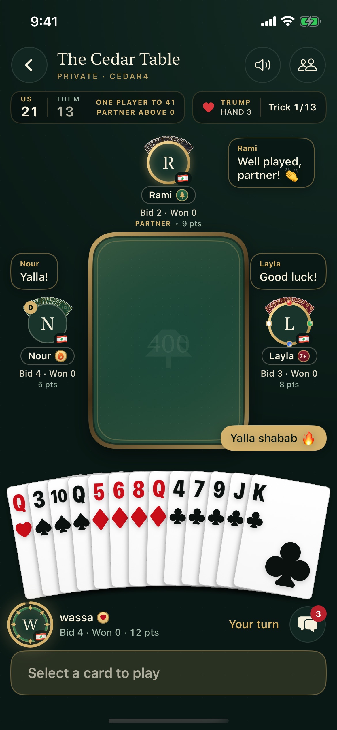 400 iPhone game: four players at the Cedar Table, team scores, chat bubbles and your cards.